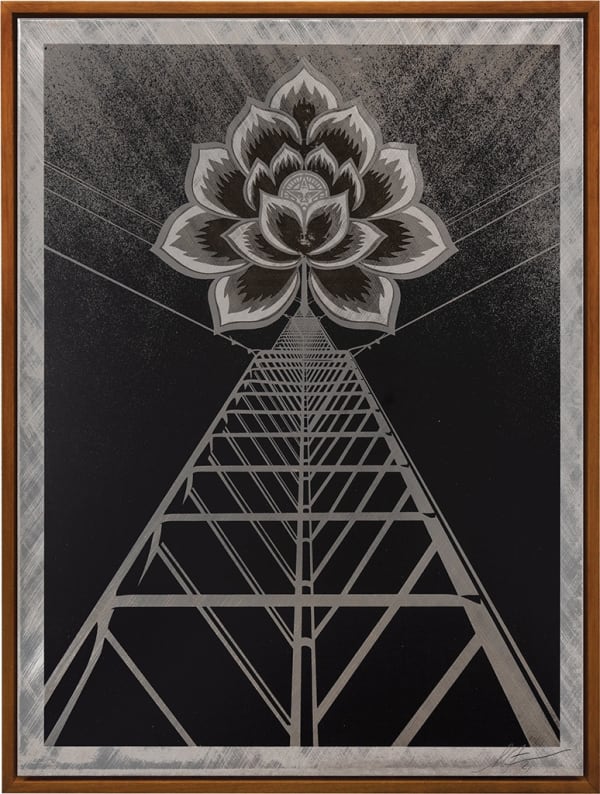 cell tower type stricture with a lotus flower at the top in grey scale