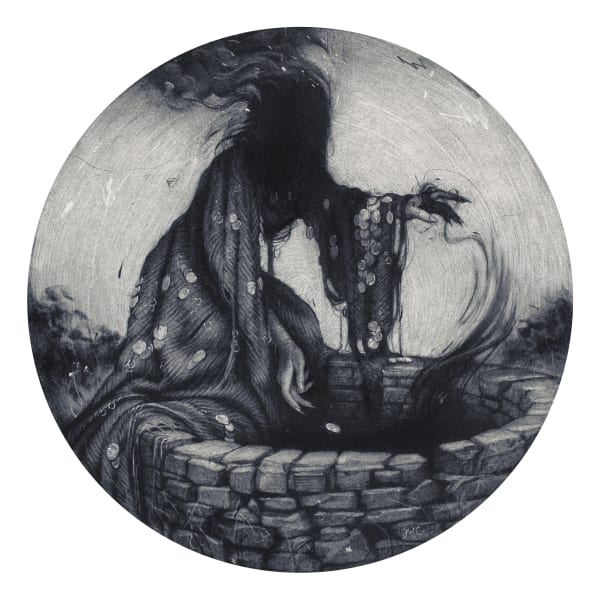drawing of a cloaked figure entering a well by Sam Wolfe Connelly