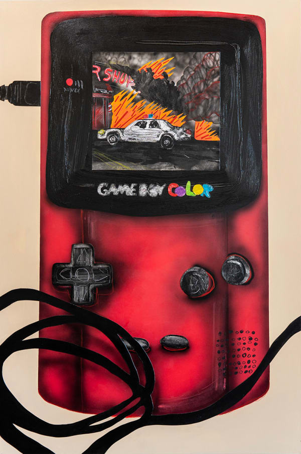painted collage of a gameboy device with a burning car on the screen