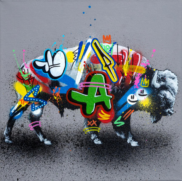 Martin Whatson The Bison, 2023 stencil, spray paint and acrylic on canvas (ed 2/10) 11 3/4 x 11 3/4 in 30 x 30 cm