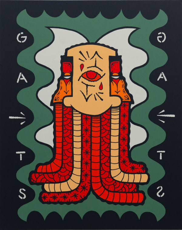 Painting by GATS of one of their characters in yellow, red and orange on a green and black background