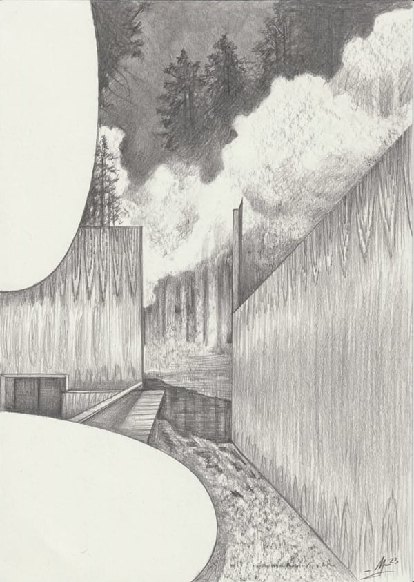 Drawing of a building with high walls surrounded by a forest with large clouds.