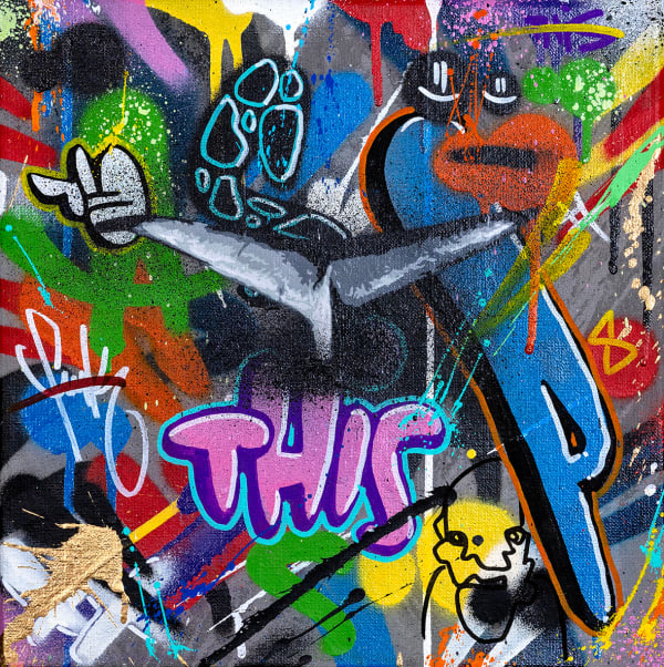 whale tail disappearing into colorful graffiti text and designs