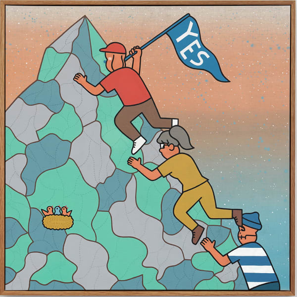 Painting of three figures climbing a mountain, the figure at the front is holding a blue flag with the word YES on it in white.