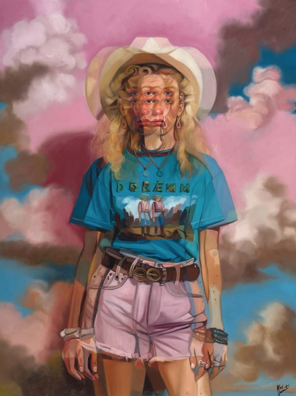 painting of a girl with a cowboy hat against pink clouds by Alex Garant