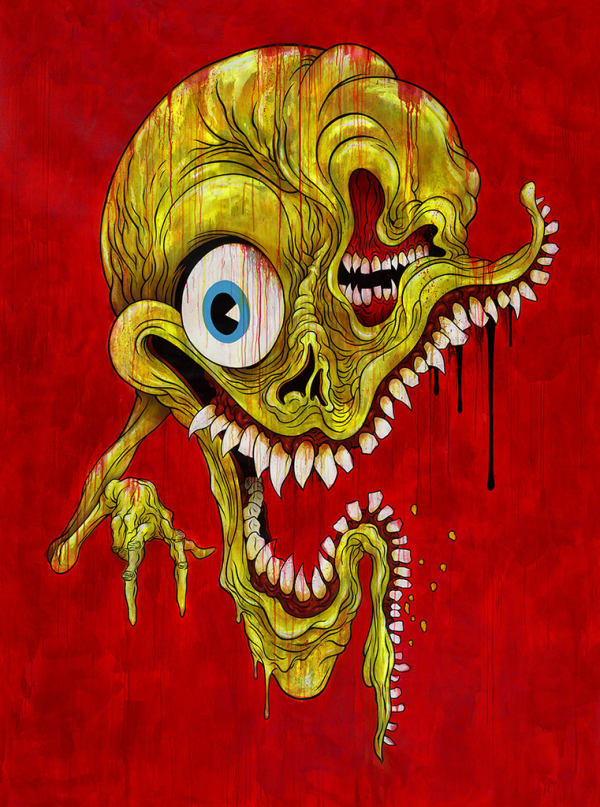 Painting by Alex Pardee of a yellow skull with a deformed mouth on a red background
