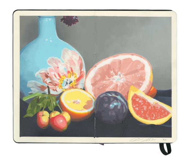 Still life painting of a blue vase, cherries on the stem, a black plum, an orange, a grapefruit and a pink flower