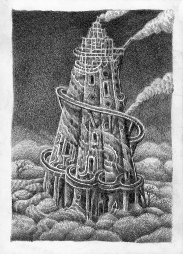 black and white drawing of a tower above the clouds