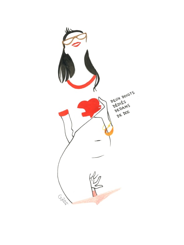 Petites Luxures line drawing of figure in red t-shirt with hand between legs of another disembodied figure