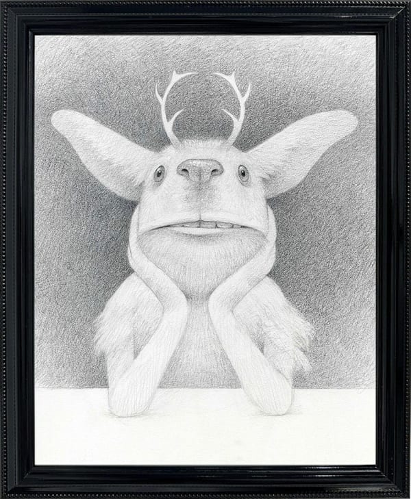 Drawing of a creature with big ears and antlers sitting at a table