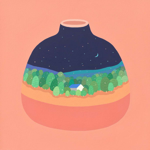 nigh time scene of a house in the forest contained in a vase over a pink background