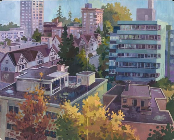 Laura Bifano 13th And Granville gouache on Moleskine 8.25 in x 10.25 in. 20.95 cm x 26.03 cm Framed: 12.75 x 14.75 in. 32.38 x 37.46 cm