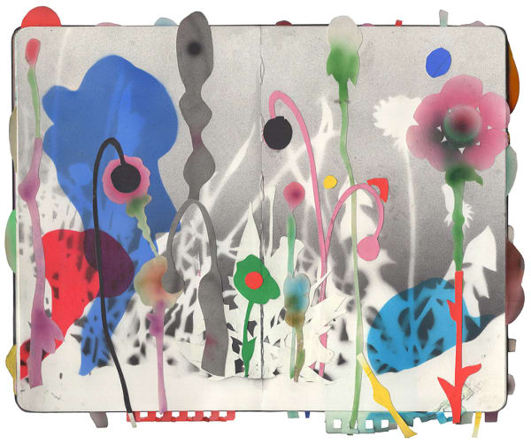 abstract multicolor organic collage on an open face Moleskine notebook by artist Lee Piechocki