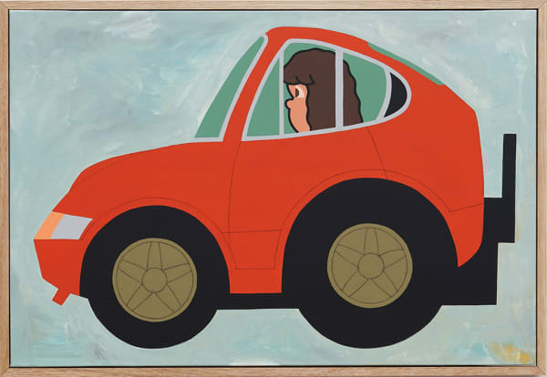 Painting of a red car on a light blue gray background with a woman with long brown hair sitting in the drivers seat