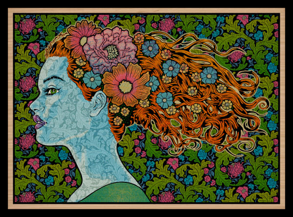 7 color screen print of a woman's profile with long red hair blowing behind her filled with flowers over a green, pink and blue background