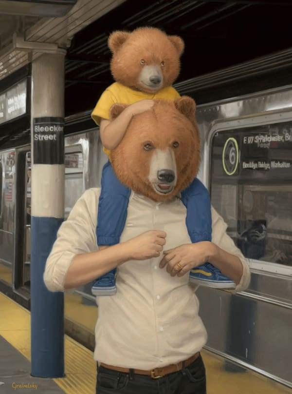 Man with a bear head carrying his bear child on his shoulders