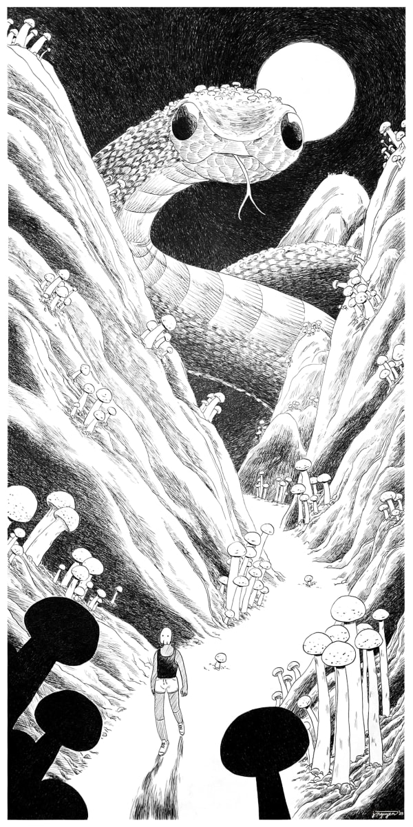 Jeremy Nguyen painting of giant snake in black and white