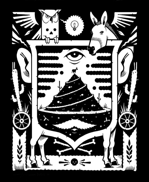 Black and white illustration of a crest like composition depicting an ass, ears, an eye, cacti, wooden wheels, an owl, and a mule, with a silhouette of a mountain, cacti, and mule at the top of the mountain by artist Jeremy Fish.