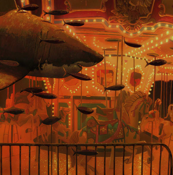 shark flying around a carousel following small school of fish