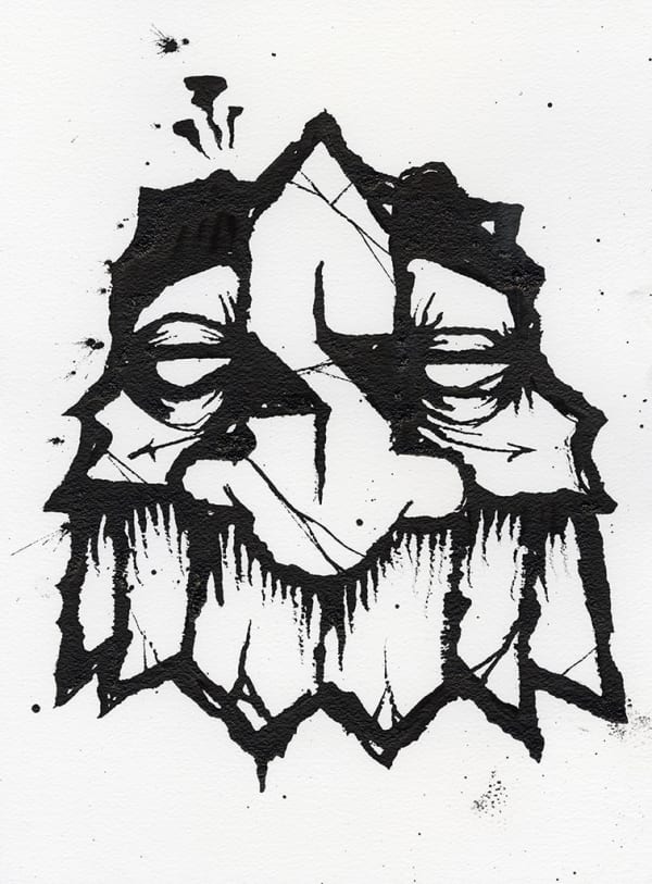 Drawing on paper of GATS character in black ink with giant S for a nose