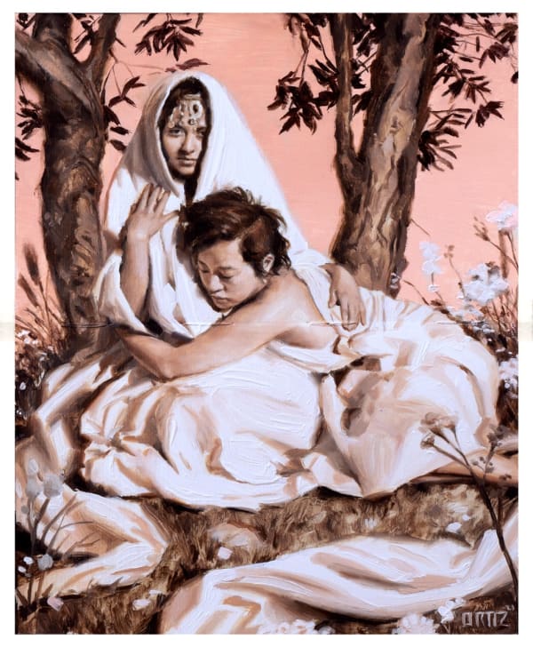 Painting of two woman holding one another with a white clothe draped around them sitting in the grass with flowers and trees surrounding them with a pink sky