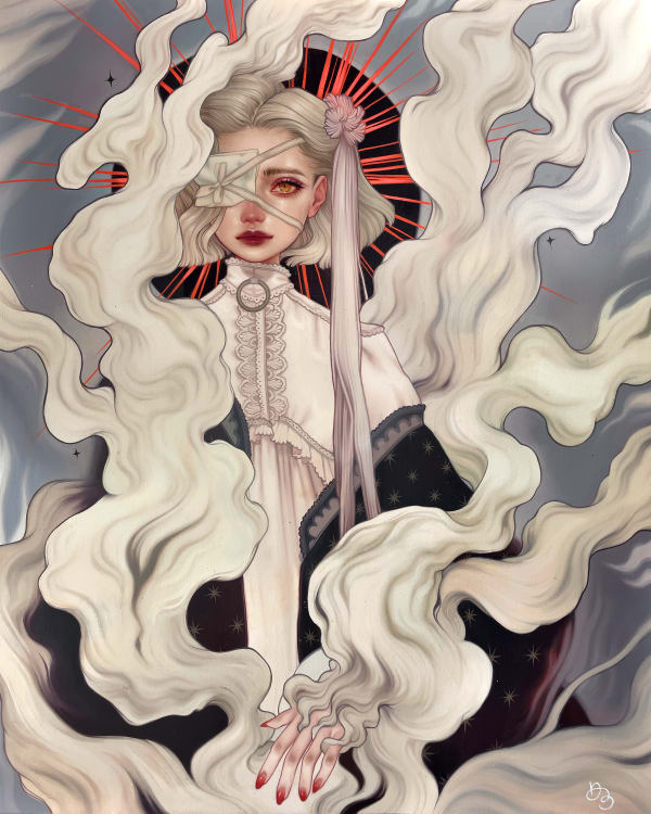 woman with an eyepatch standing behind a billowing cloud of fog