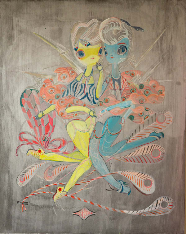 two fairy woman embracing over a dark grey background