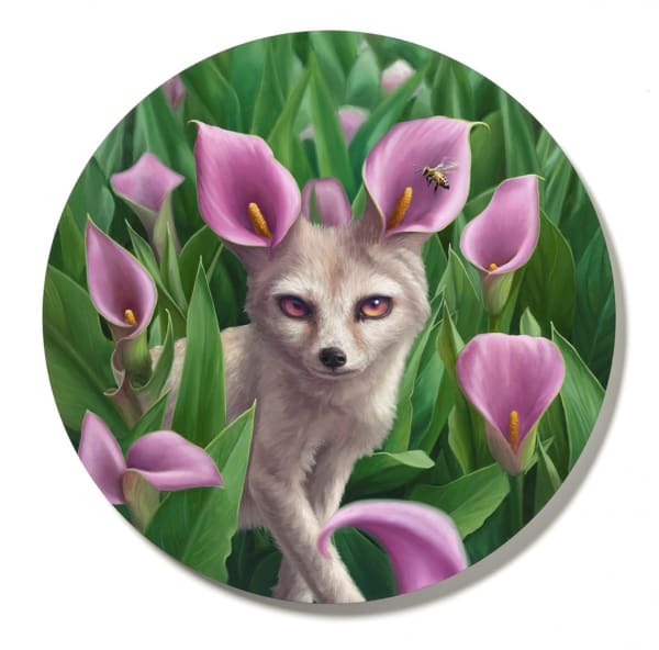 Circular painting of a gray fox with purple flowers for ears