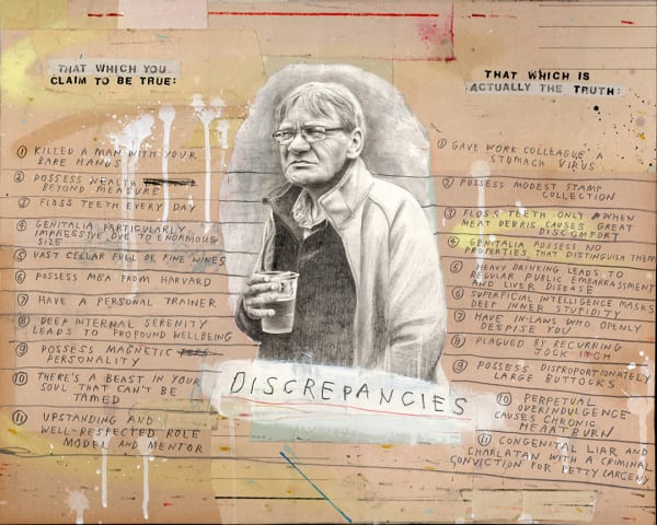 older man holding a cup of copy in black and white surrounded by text