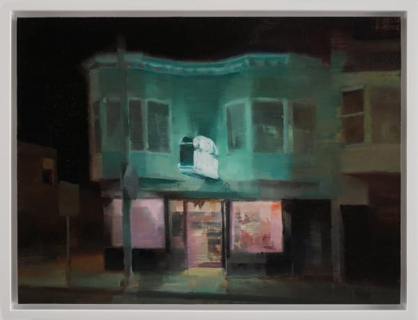 Kim Cogan - painting of a store from street view at night with its light still on and cyan sign light