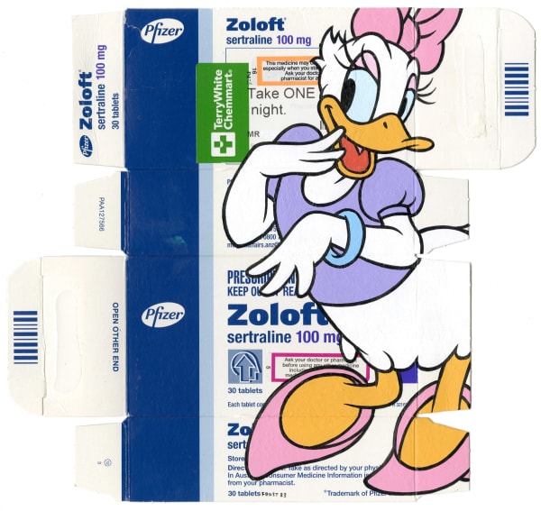 cartoon character Daisy Duck painted on Zoloft packaging