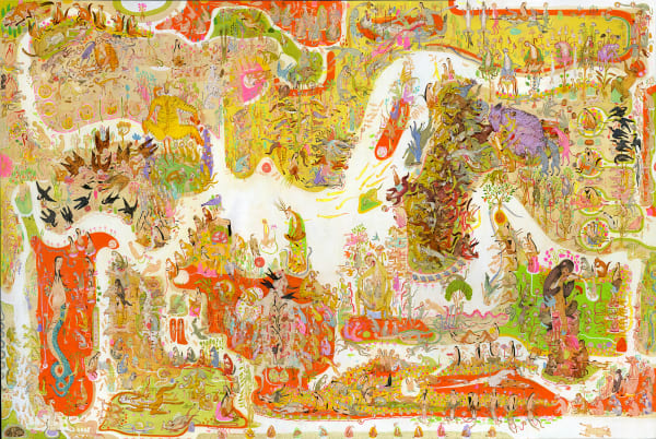 Mu Pan painting of animals and human hybrid creatures eating, fighting, sleeping, etc