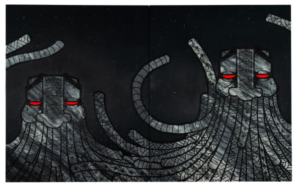 two grey figures with red eyes on a black background