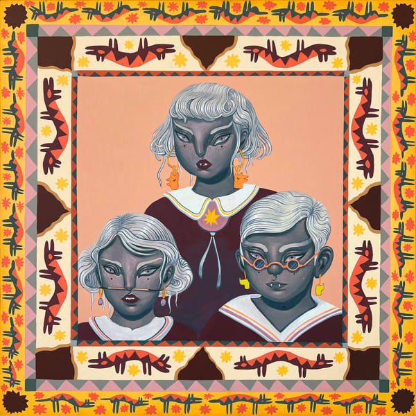 Painting of three people dressed in similar maroon shirts with white collars and short white hair