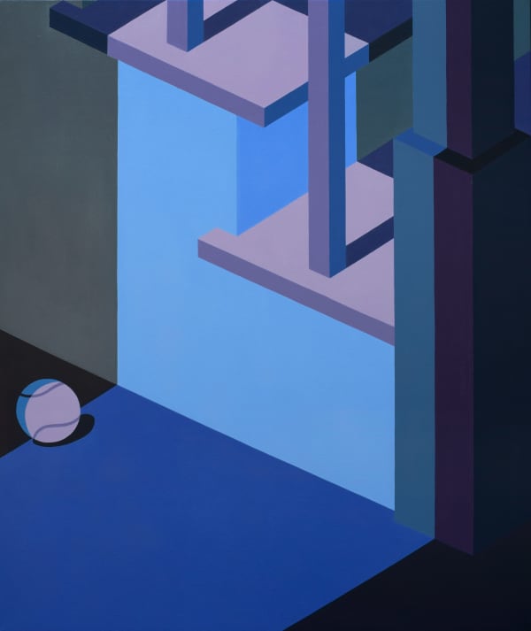 Painting in blue scale of a staircase with heavy shadows and a blue tennis ball on the ground next to the staircase