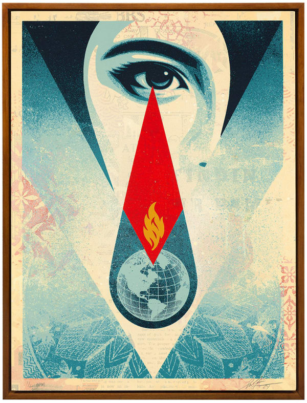 image of part of a womans face with a large tear drop coming from her eye with an image of the globe and blames on a blue background
