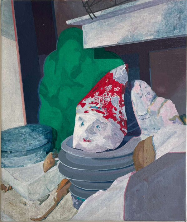 A painting of a gnome and various gardening supplies by Francisco Diaz Scotto