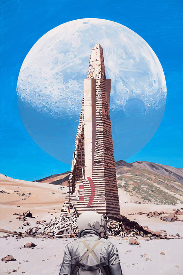 Painting by artist Scott Listfield depicting an astronaut in a white suit facing a dilapidated Transamerica Pyramid against a bright blue sky and large moon.