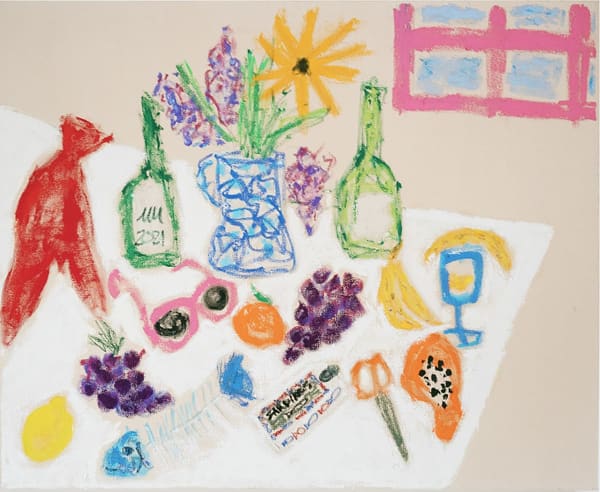 Michael McGregor still life painting of tabletop with fruit, wine and accessories with pink windowsill in background