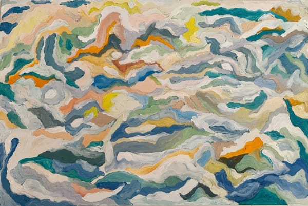 Abstract painting with painterly brush strokes in blue, white, orange, green and yellow