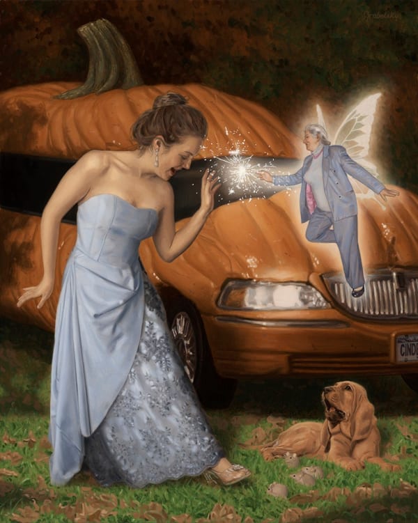 Painting of princess Cinderella standing in front of a pumpkin shaped car