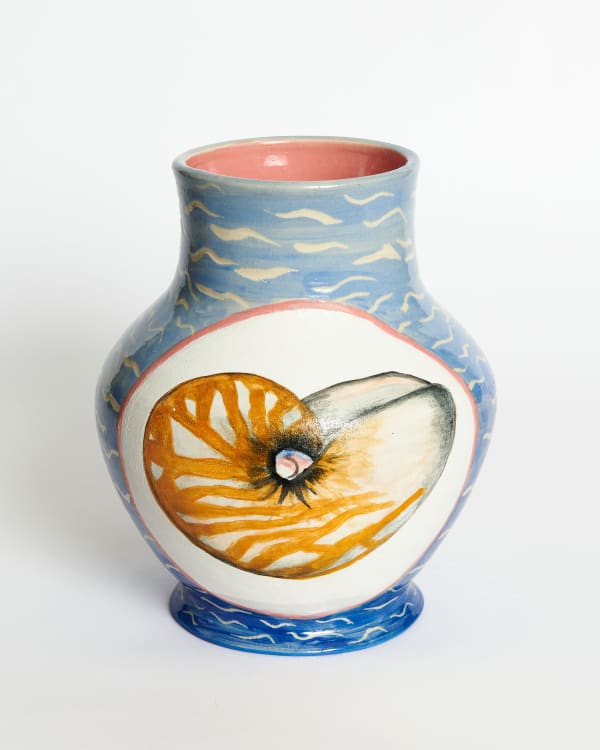 Anna Valdez ceramic vase with a nautilus painted on the front