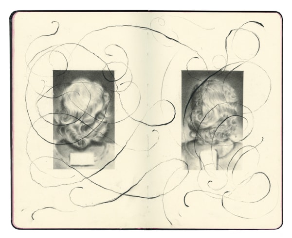 Drawing of the back of two women's heads with line work over laying it