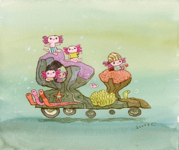 a car made out of coral with little axolotl creatures