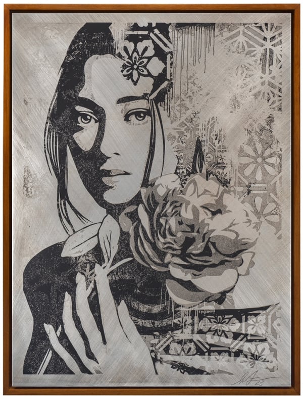 image of a woman holding a flower with various patterns overlaying the background
