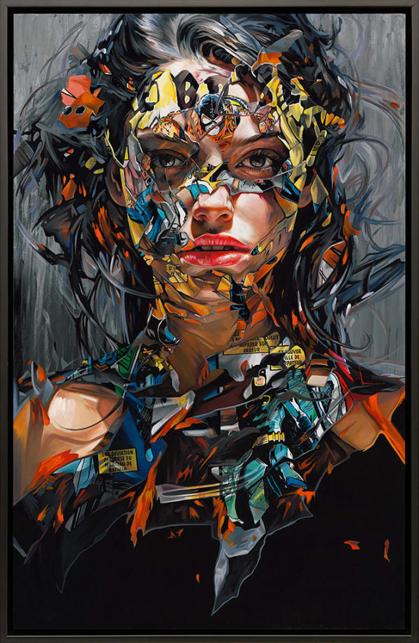 portrait of a dark haired woman over a gray background with comic book images spliced into her face and body framed