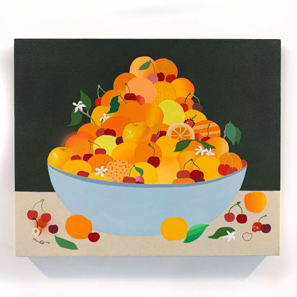 Stephen D'Onofrio "Bowl of Clementines and Cherries" painting of fruit bowl in blue pot against black background
