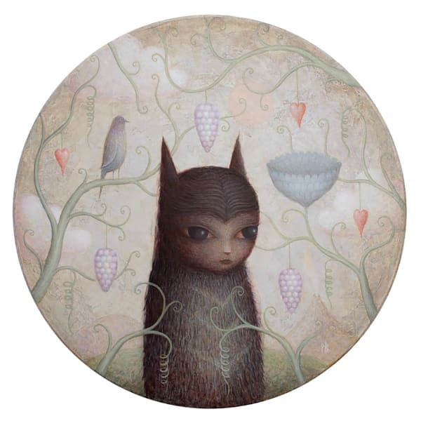 Circular painting of a cat like creature surrounded by vines with hanging fruits and hearts
