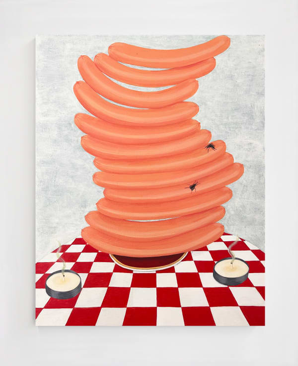 Crys Yin "Feeding Season" acrylic painting on wood panel of stacked hotdogs on red checkerboard tabletop