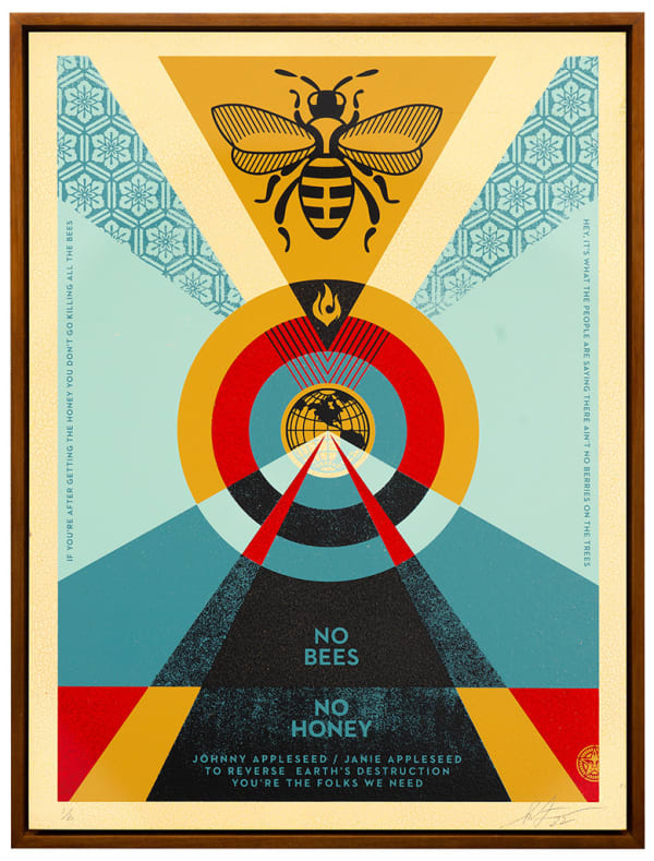 geometric collaged image with a black beee outline at the top, various color circles and text saying "no bees no honey" at the bottom in a red, blue, and yellow palette